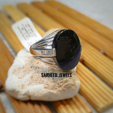 Natural Black Agate and Diamond Men Ring