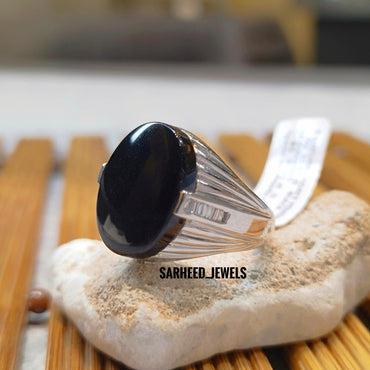 Natural Black Agate and Diamond Men Ring