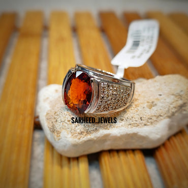 Natural Hessonite Garnet And Diamond Men Ring