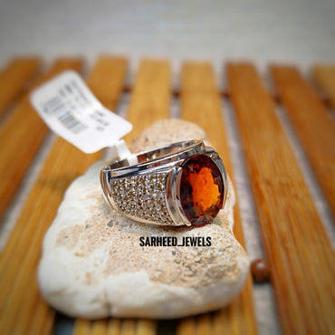 Natural Hessonite Garnet And Diamond Men Ring