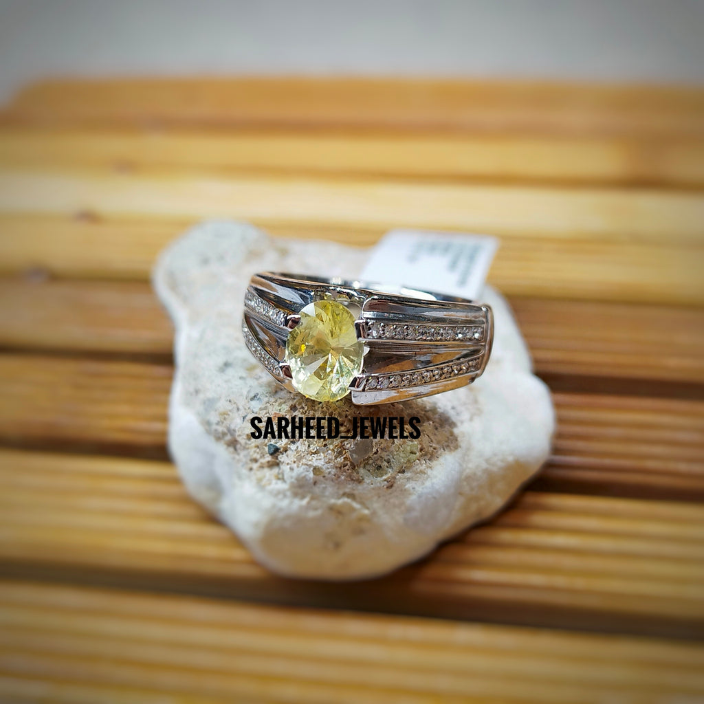 Natural Un-heated Yellow Sapphire and Diamond Men Ring