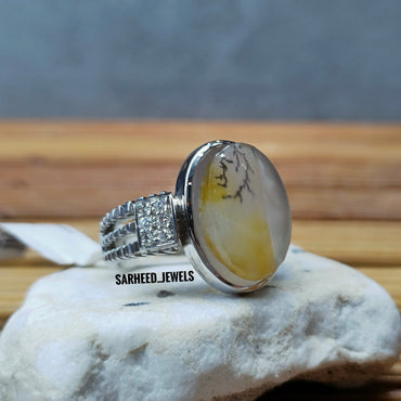 Natural Dendritic Agate and Diamond Men ring