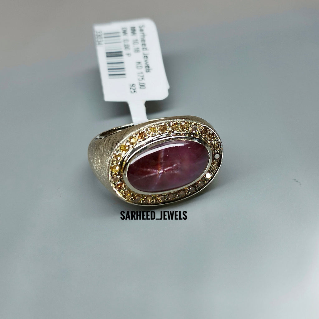 Natural Star-Garnet and Diamond Men Ring