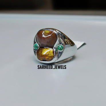 Natural Fire Agate and Emerald Men Ring