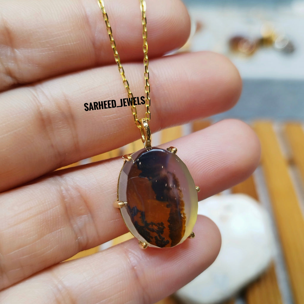 Natural Dendritic Agate Gold Necklace