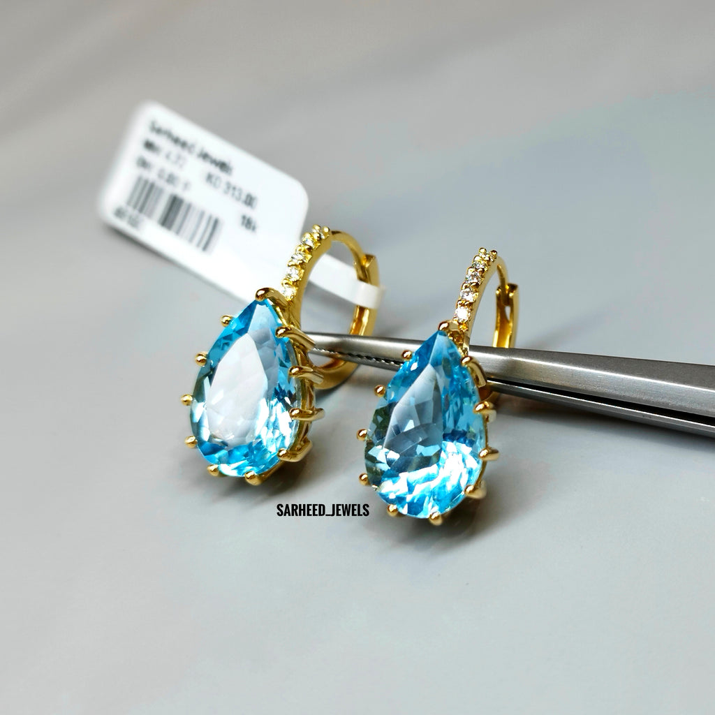 Natural Blue Topaz and Diamond Gold Earrings