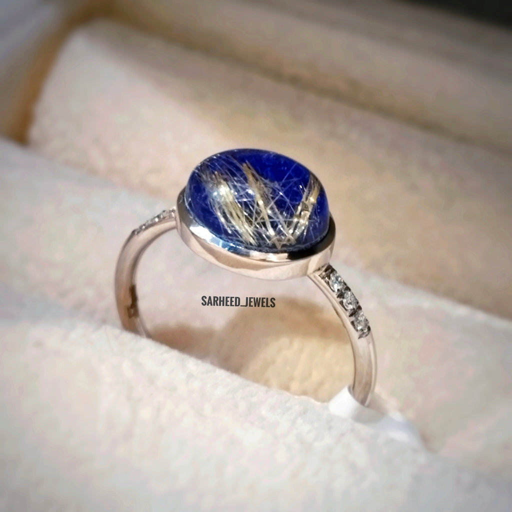 Natural Rutile and Lapis with Diamond Gold Ring