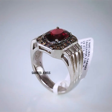 Natural Garnet and Brown Diamond Men Ring