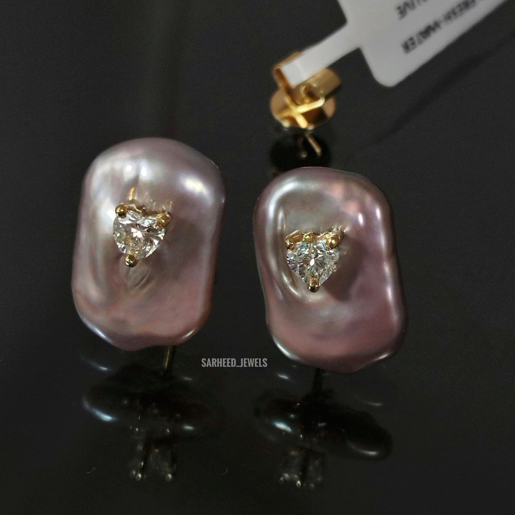 Cultured Pearls and Heart-Shape Diamonds Gold Studs