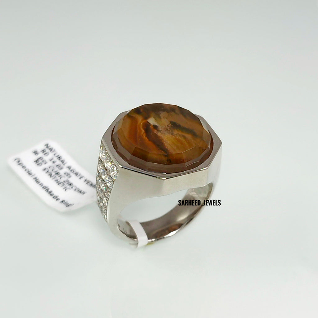 Natural Agate and Cubic Zircon Men RIng