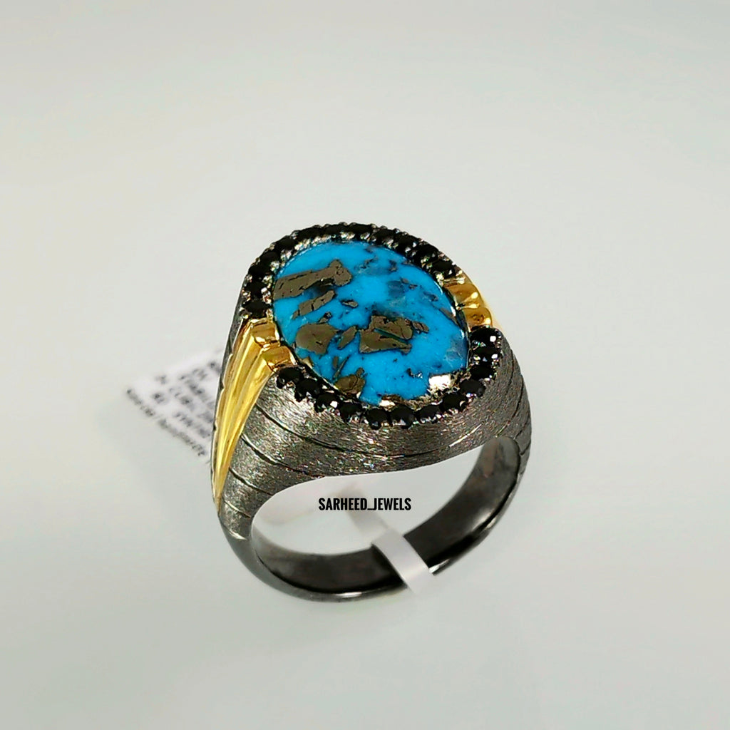 Natural Turquoise and Cubic Zircon Men Ring