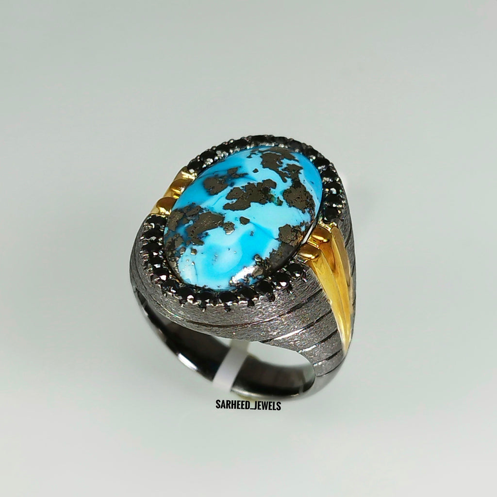 Natural Turquoise and Cubic Zircon Men Ring