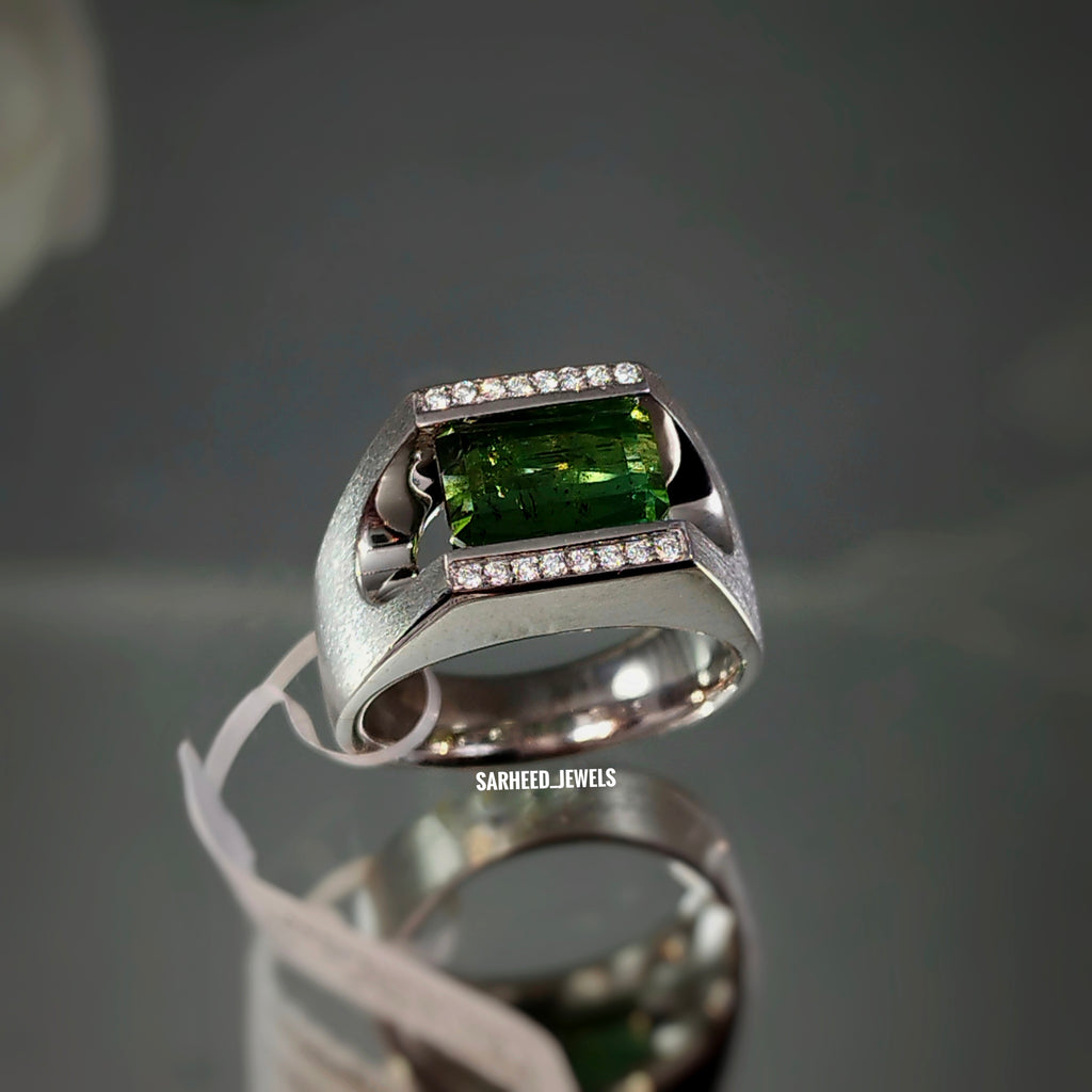 Natural Green Tourmaline and Diamond Men Ring