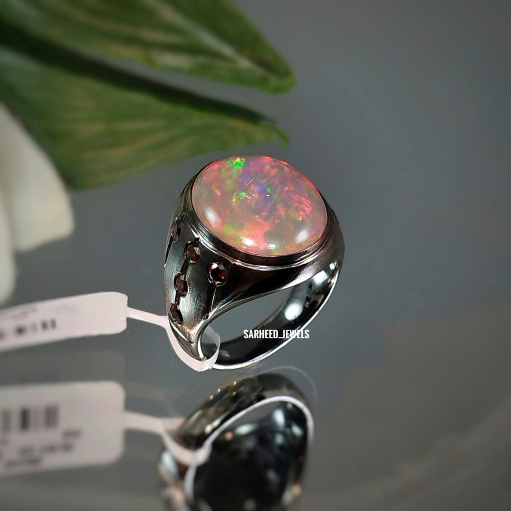 Natural Opal and Red Diamond Men Ring