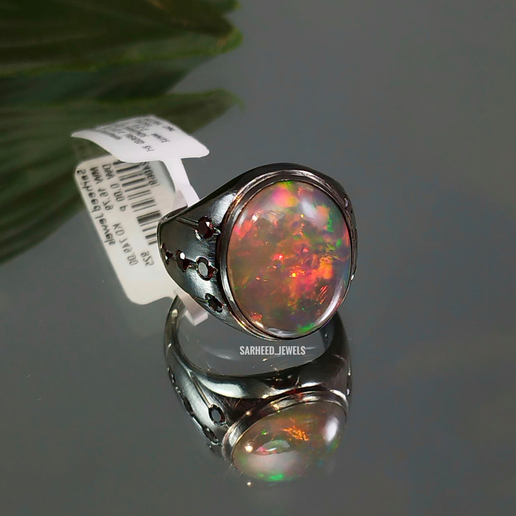 Natural Opal and Red Diamond Men Ring