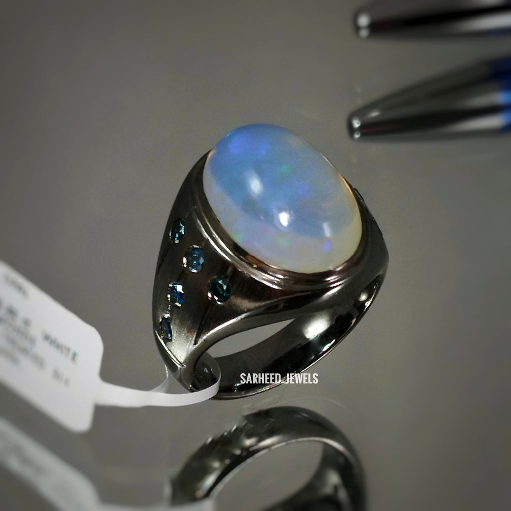 Natural Opal and Blue Diamond Men Ring