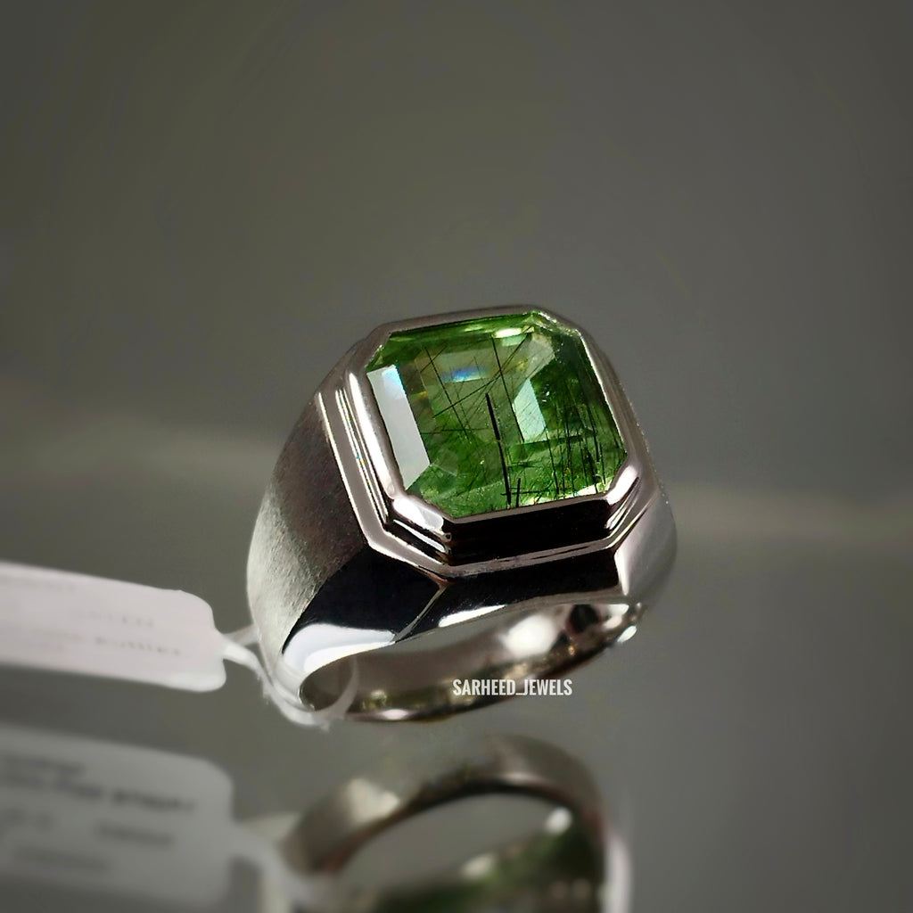 Natural Peridot with Rutile Men Ring