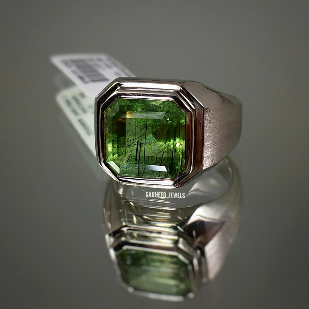 Natural Peridot with Rutile Men Ring