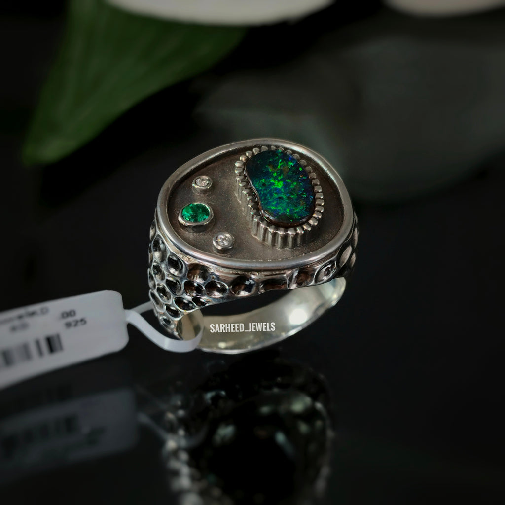 Natural Boulder Opal, Emerald, & Diamond Men Ring