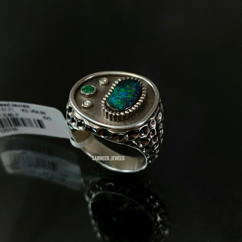 Natural Boulder Opal, Emerald, & Diamond Men Ring