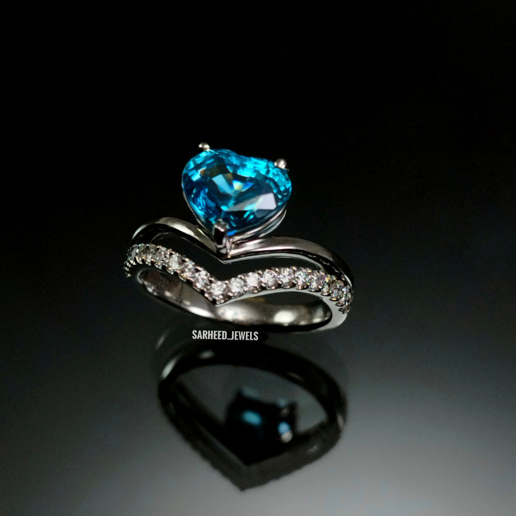 Natural Blue Zircon and Diamond White Gold Ring