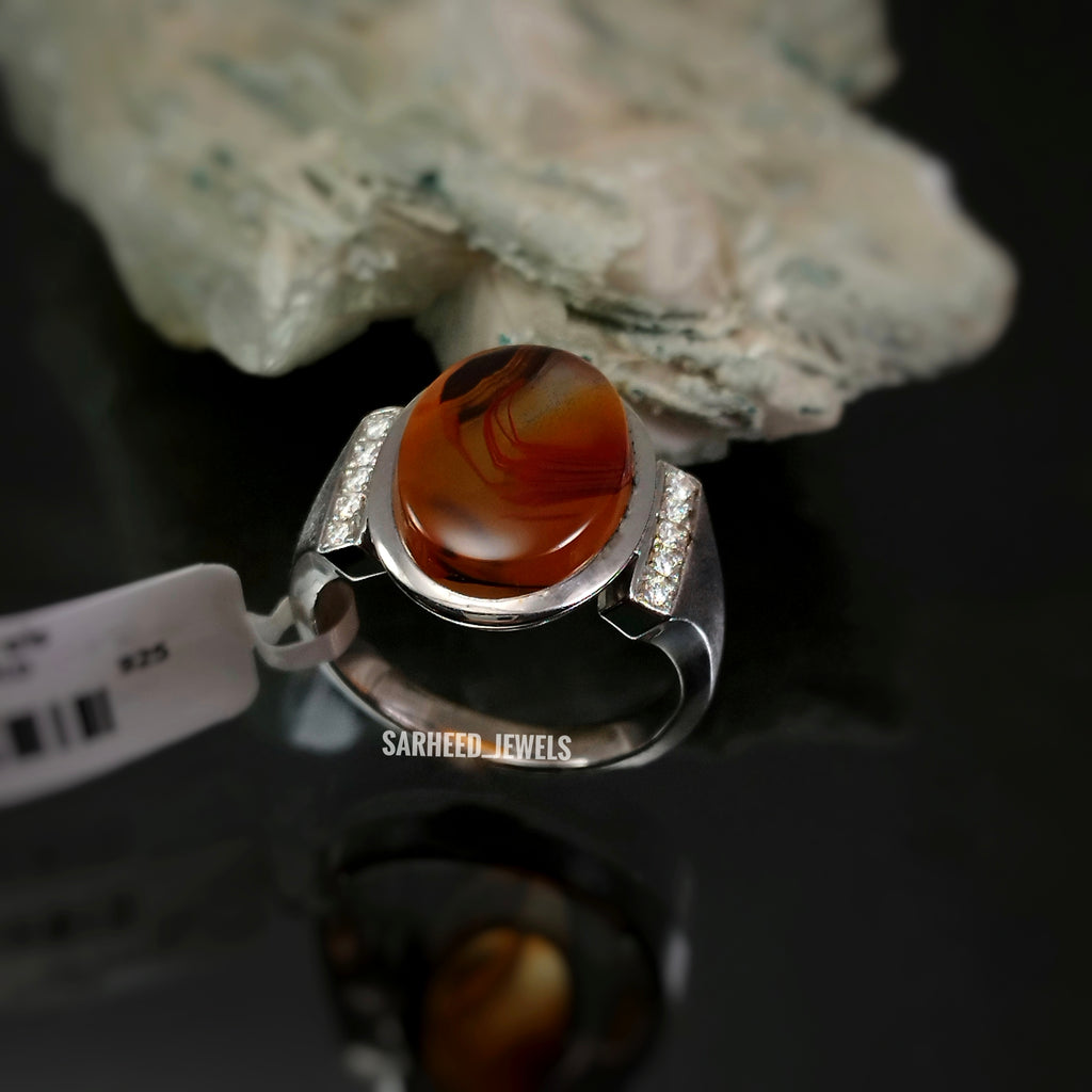 Natural Agate and Diamond Men Ring