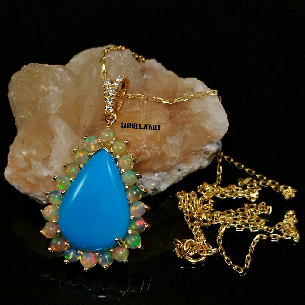 Natural Turquoise, Opal and Diamond Gold Necklace