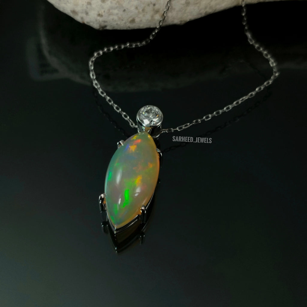 Natural Opal and Diamond White Gold Necklace