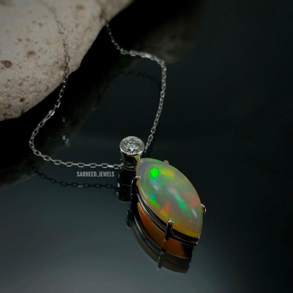 Natural Opal and Diamond White Gold Necklace