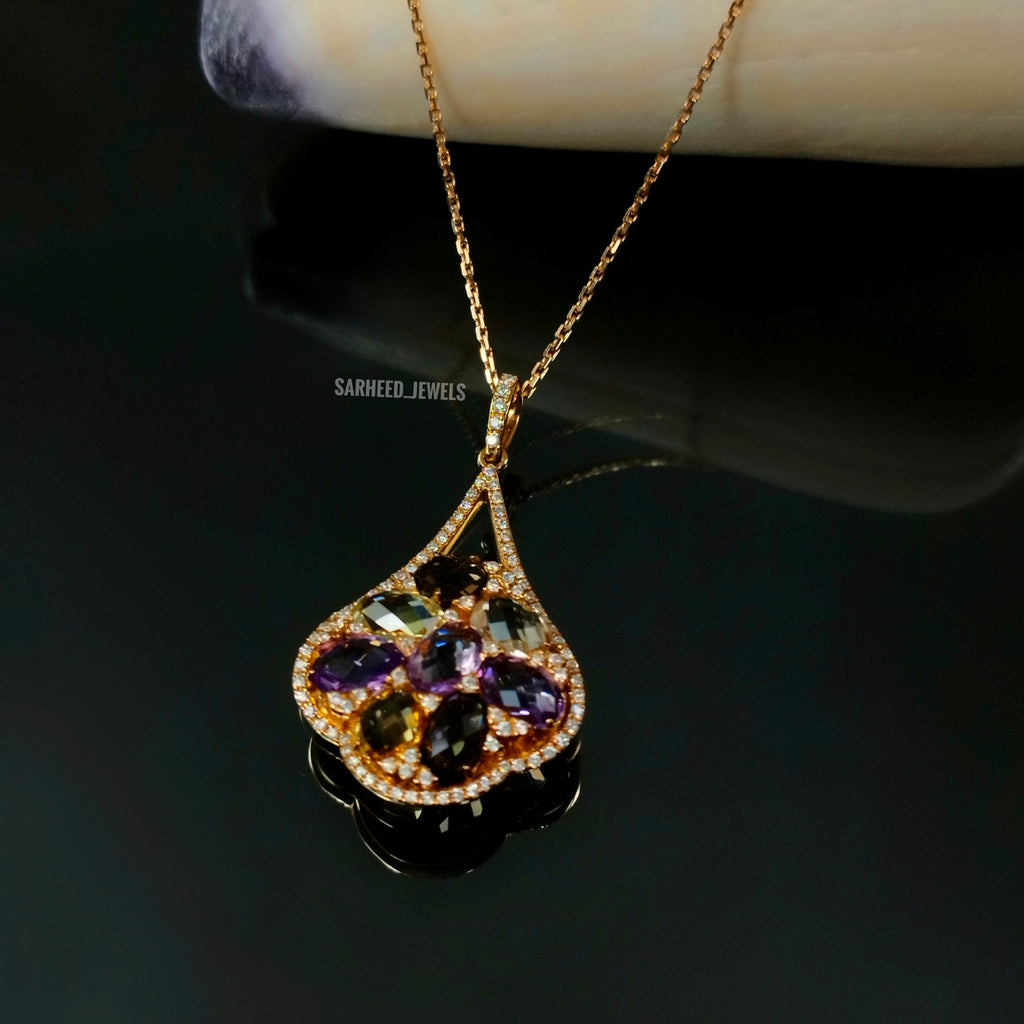 Natural Mix Stones and Diamond Rose Gold Necklace