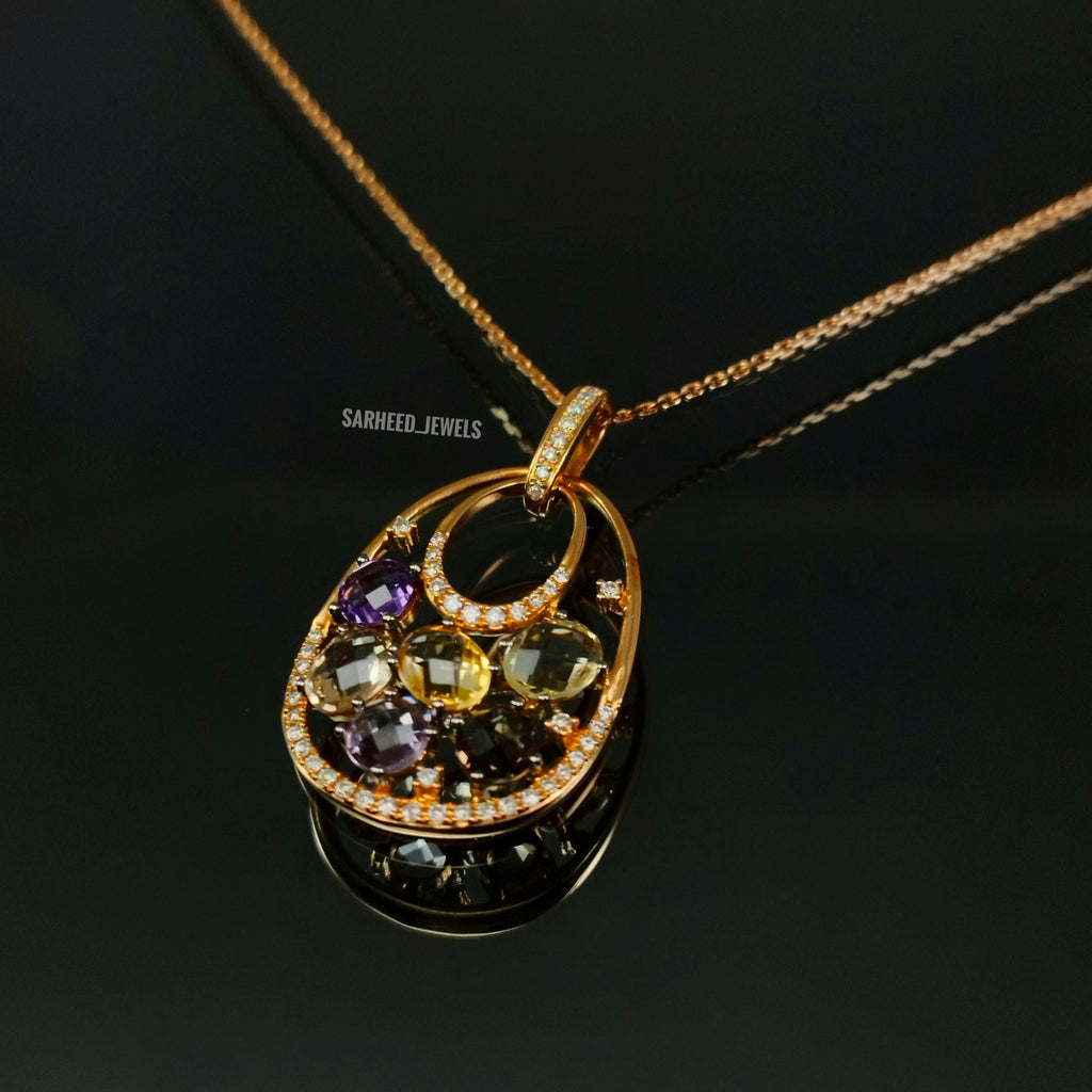 Natural Mix Stones and Diamond Rose Gold Necklace