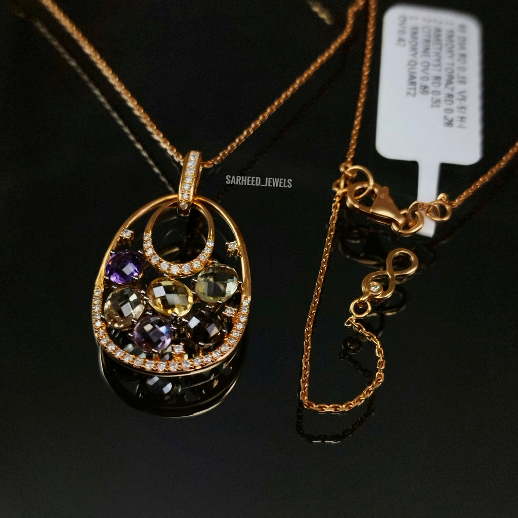 Natural Mix Stones and Diamond Rose Gold Necklace