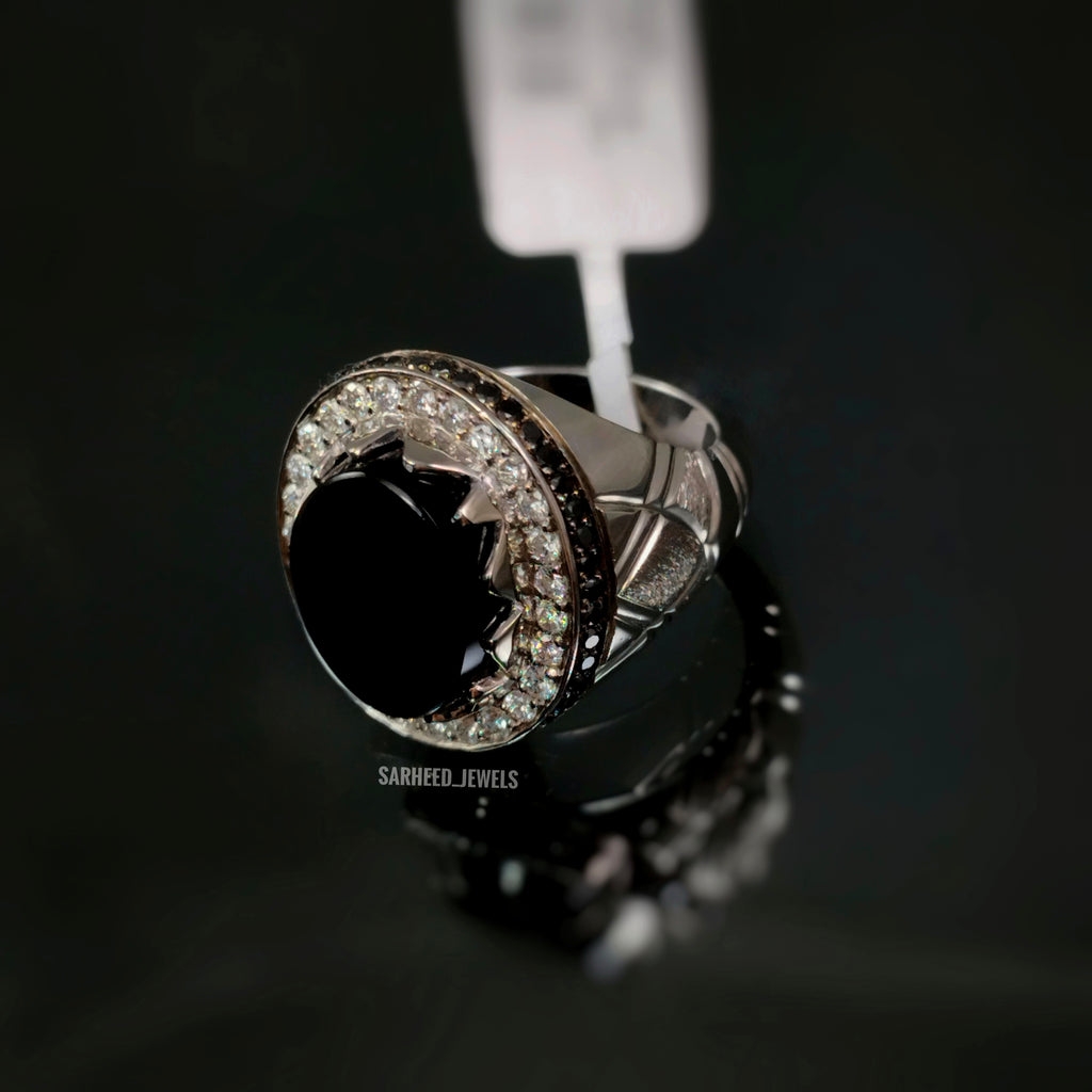 Natural Black Agate and Diamond Men Ring