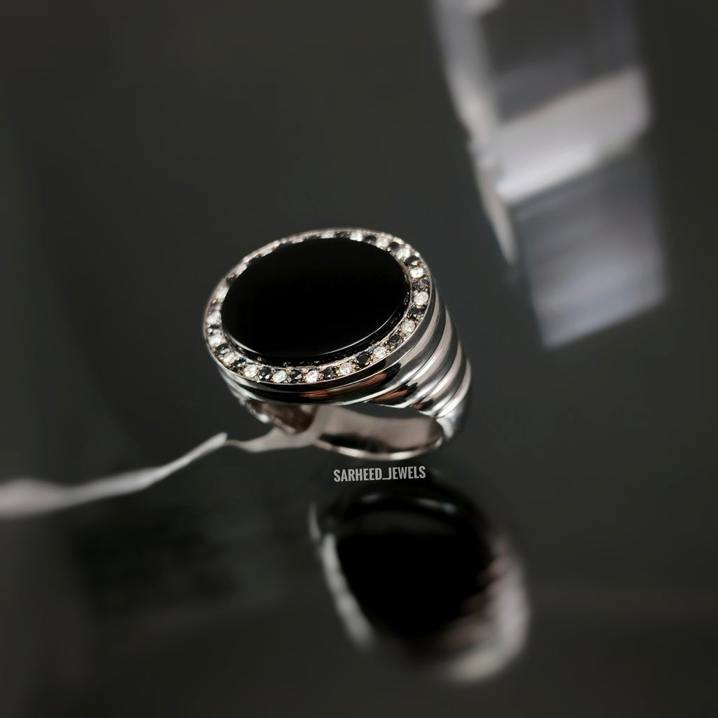 Natural Black Agate and Diamond Men Ring