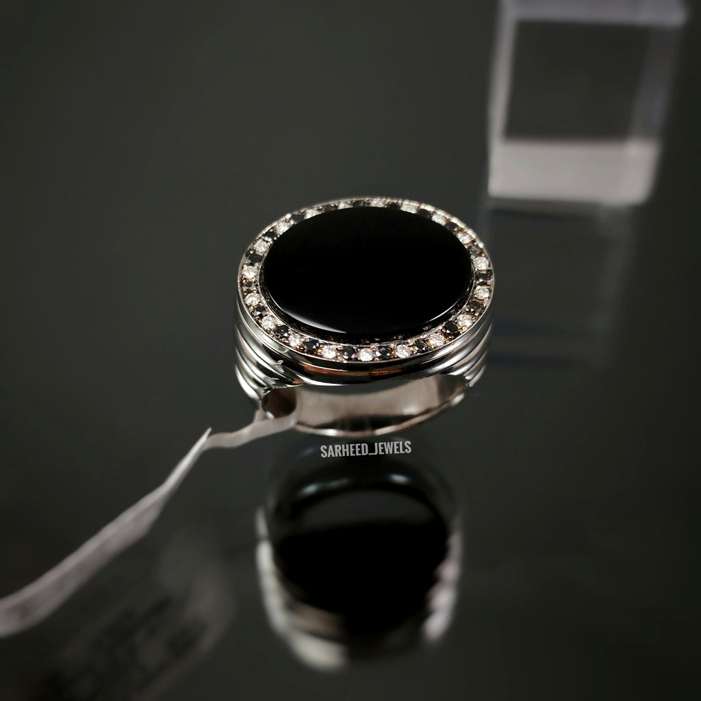 Natural Black Agate and Diamond Men Ring