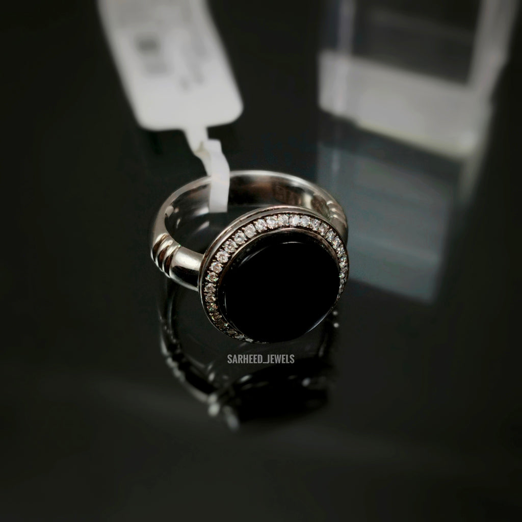 Natural Black Agate and Diamond Men Ring