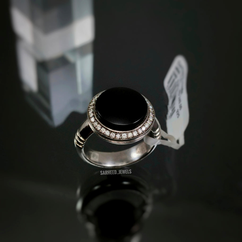 Natural Black Agate and Diamond Men Ring