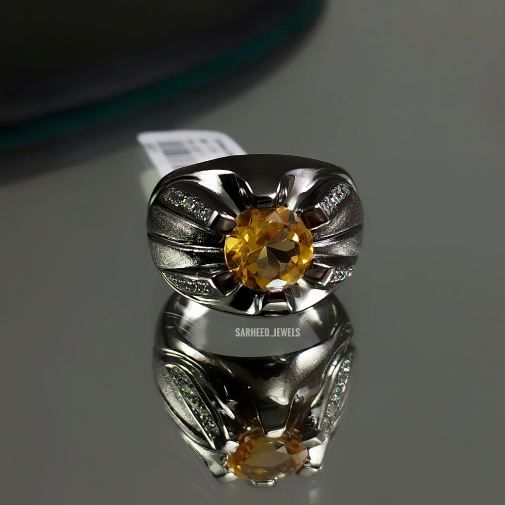 Natural Citrine and Cubic Zircon Men Ring