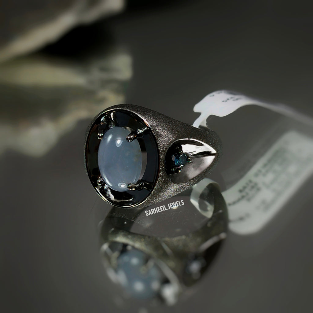 Un-heated Star Sapphire and Blue Diamond Men Ring