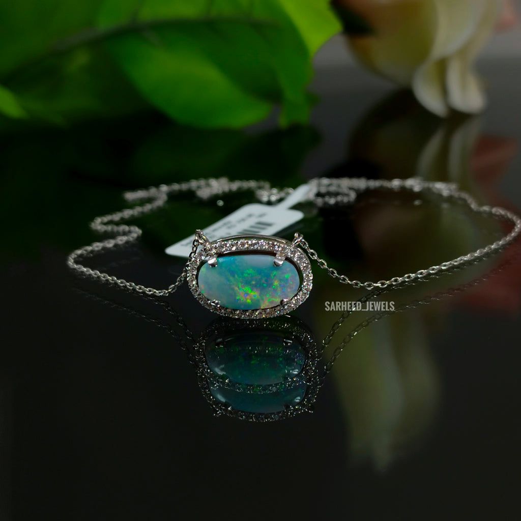 Natural Opal and Diamond White Gold Necklace