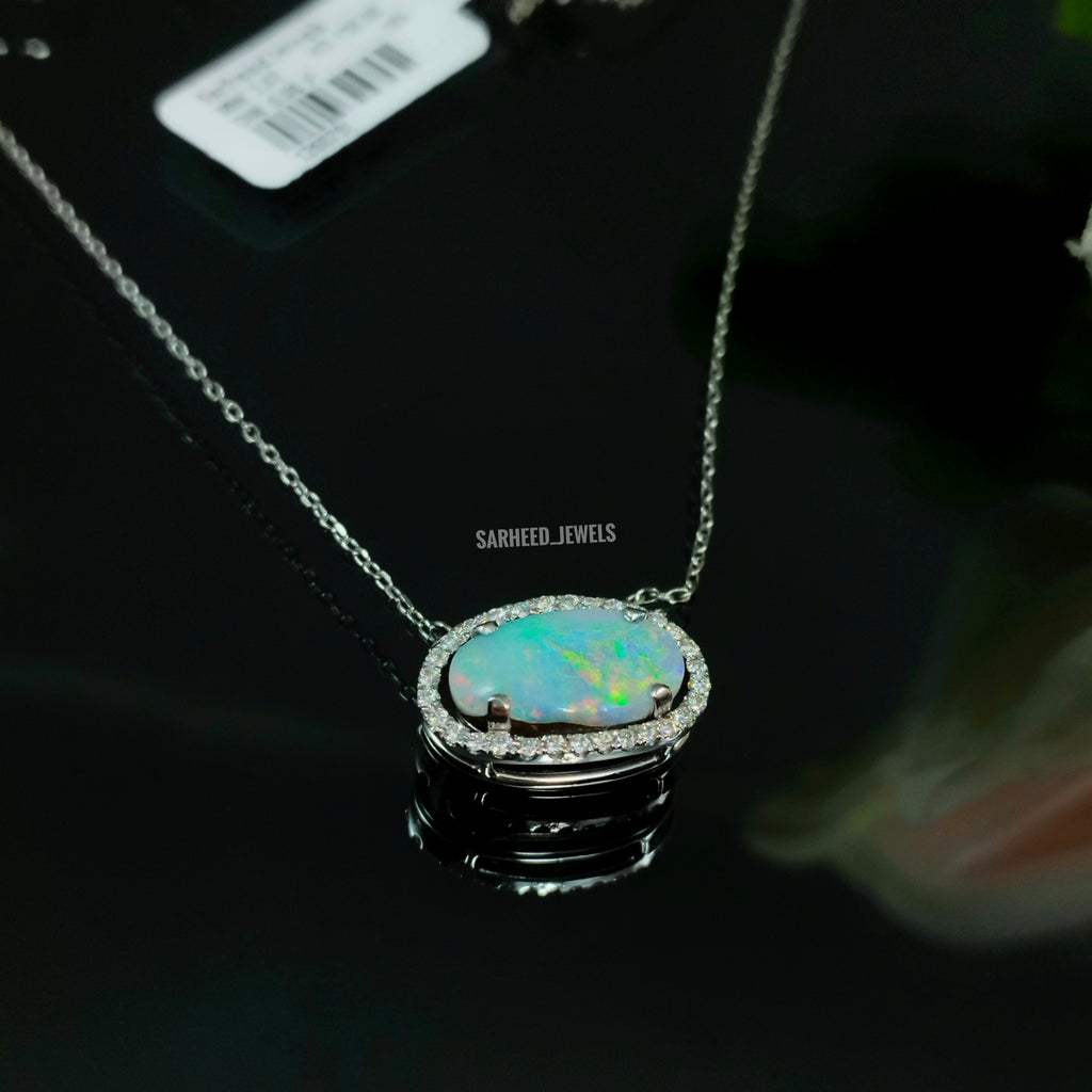 Natural Opal and Diamond White Gold Necklace