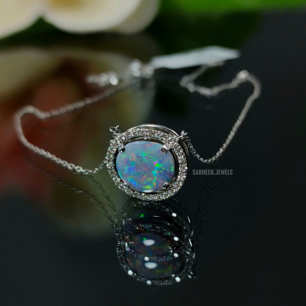 Natural Opal and Diamond White Gold Necklace