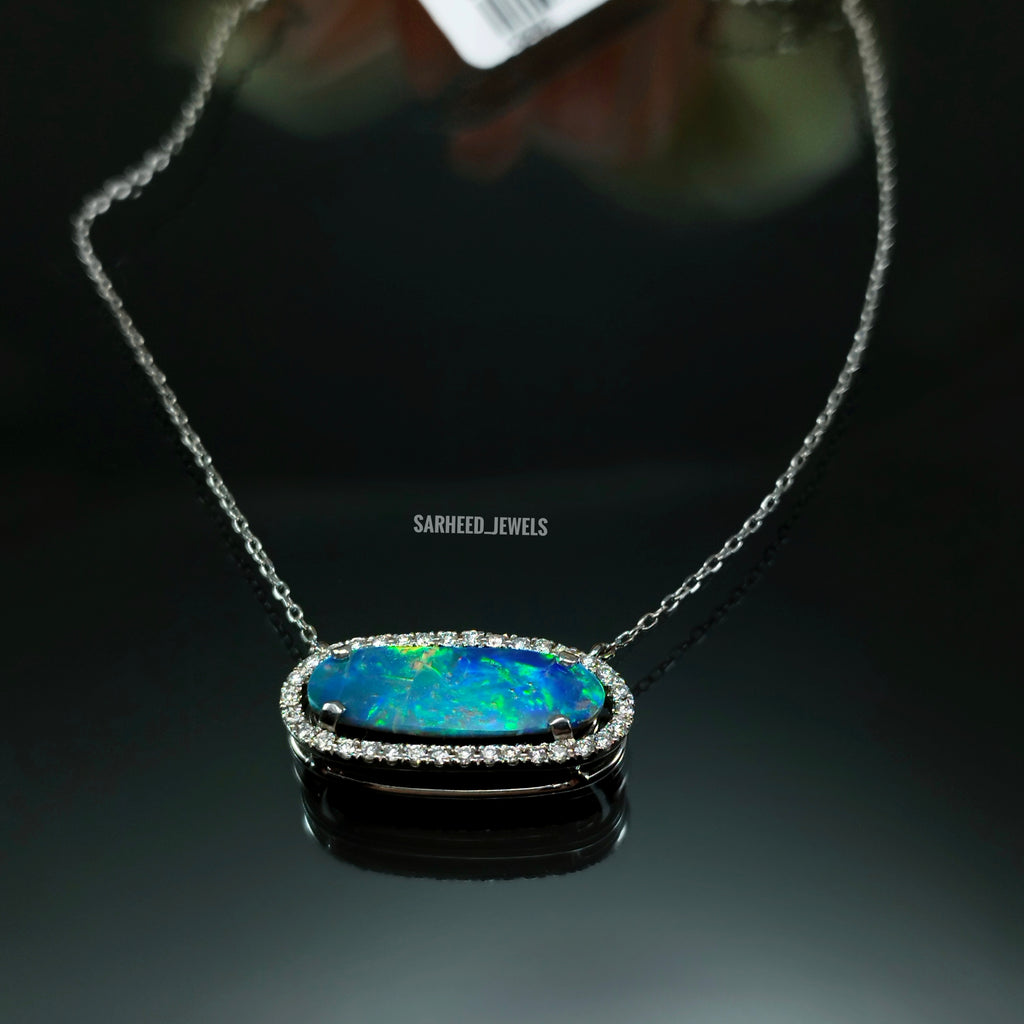Natural Black Opal and Diamond White Gold Necklace