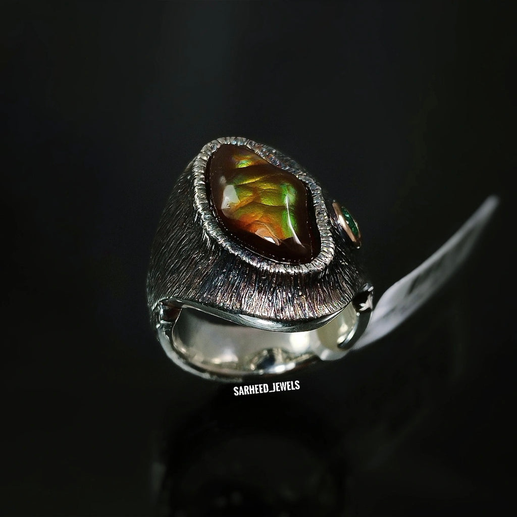 Natural Fire Agate and Emerald Men Ring