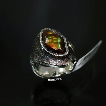 Natural Fire Agate and Emerald Men Ring