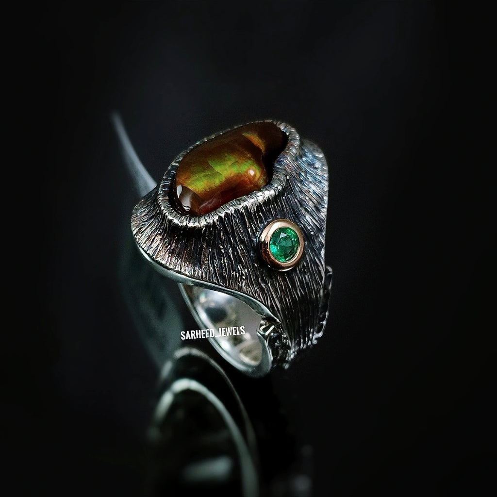 Natural Fire Agate and Emerald Men Ring