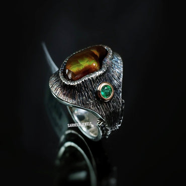 Natural Fire Agate and Emerald Men Ring