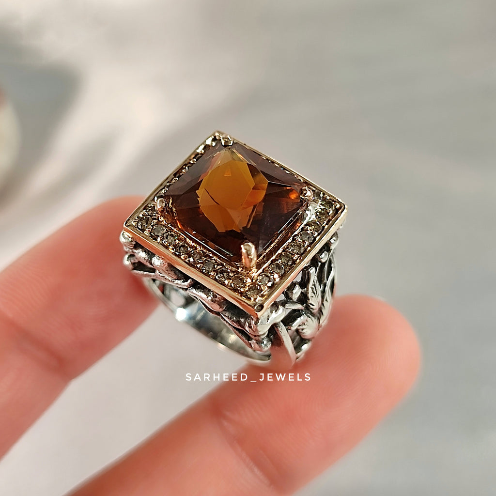 Natural Honey-Color Citrine and Diamond Men Ring