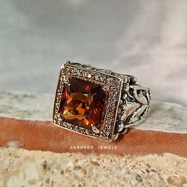Natural Honey-Color Citrine and Diamond Men Ring