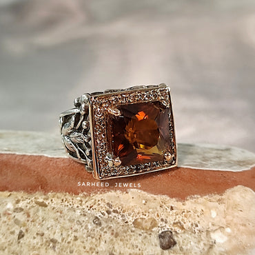 Natural Honey-Color Citrine and Diamond Men Ring